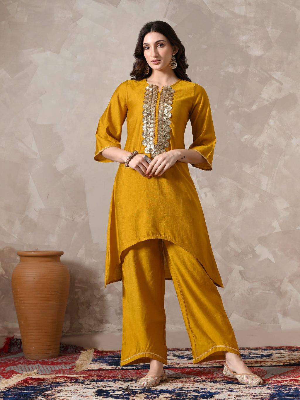 Myshka Women Mustard Floral Yoke Design Sequinned A-Line Kurta Set with Dupatta