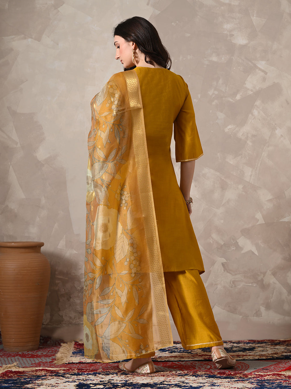 Myshka Women Mustard Floral Yoke Design Sequinned A-Line Kurta Set with Dupatta