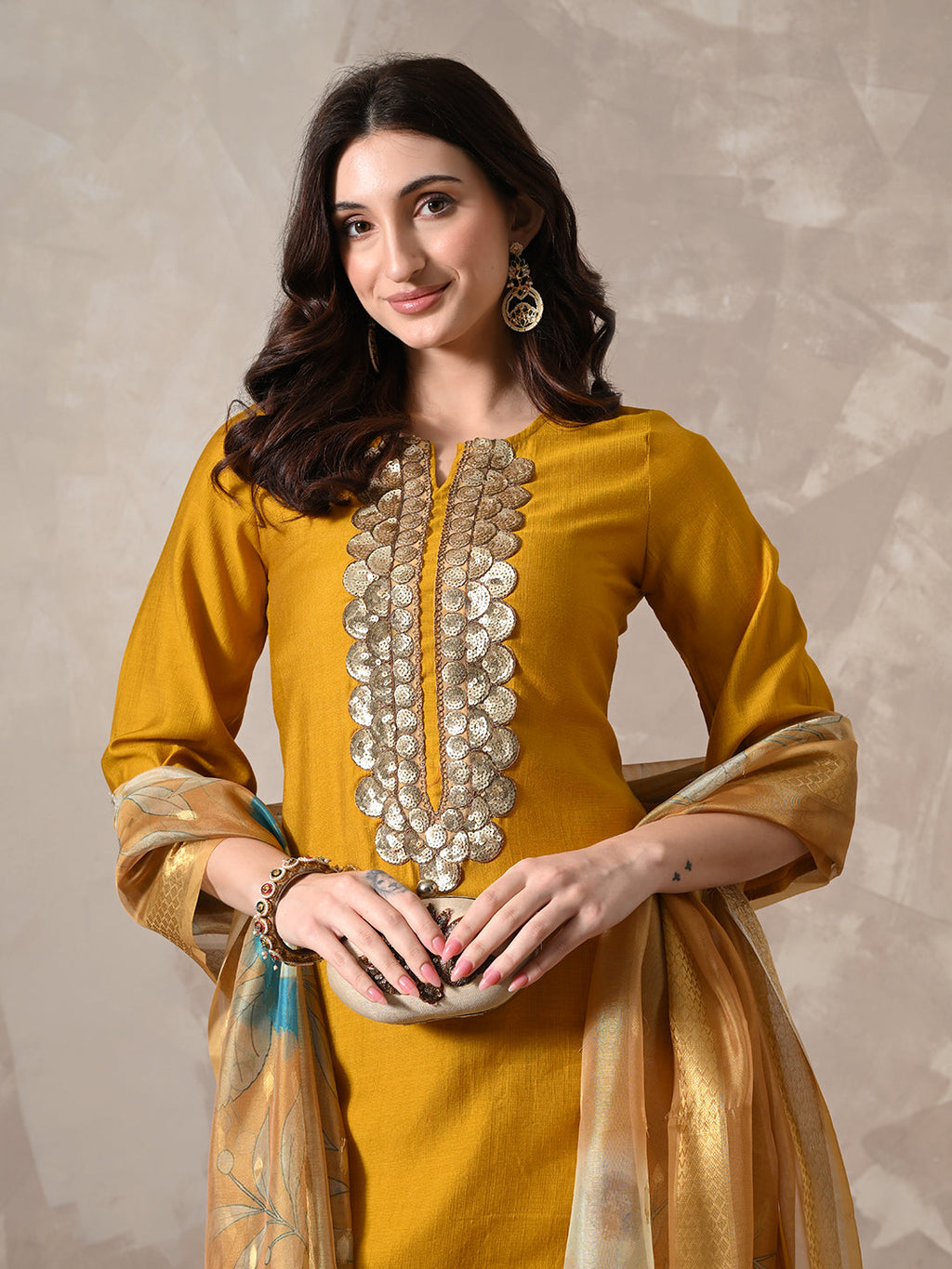 Myshka Women Mustard Floral Yoke Design Sequinned A-Line Kurta Set with Dupatta