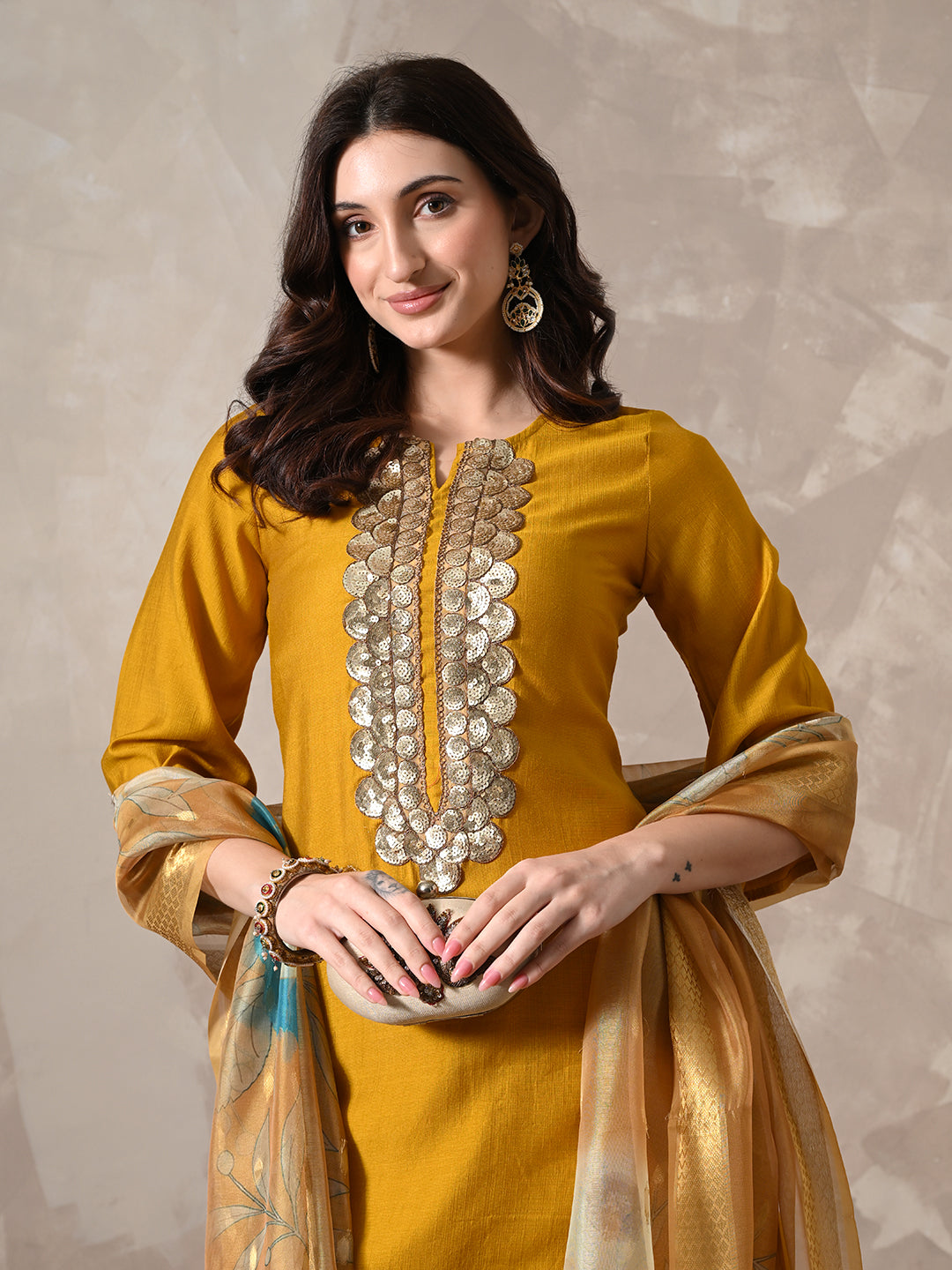 Myshka Women Mustard Floral Yoke Design Sequinned A-Line Kurta Set with Dupatta