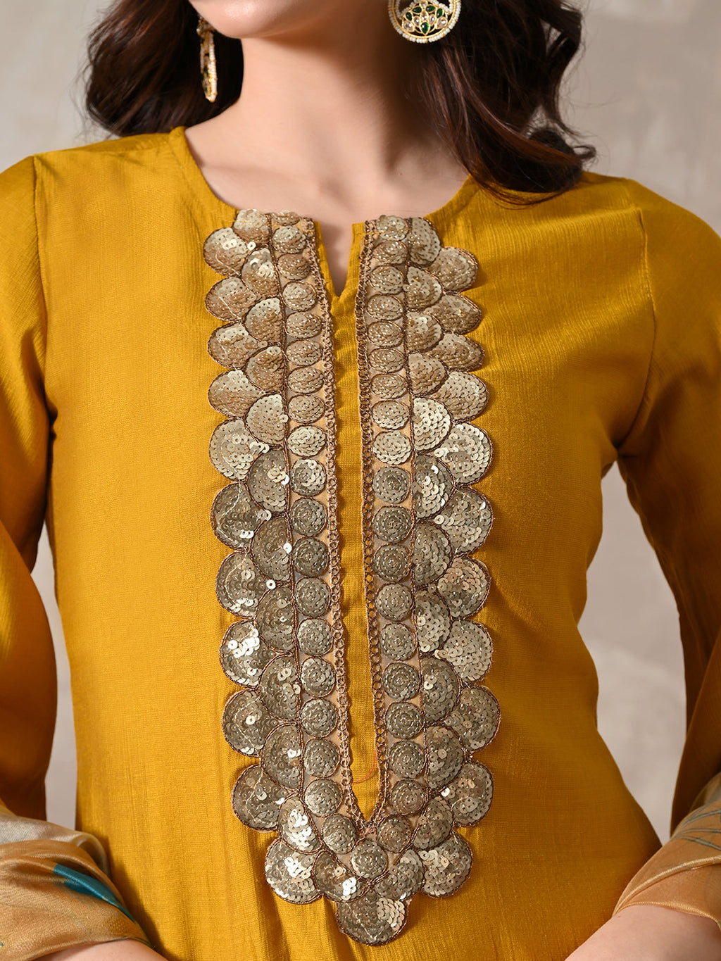 Myshka Women Mustard Floral Yoke Design Sequinned A-Line Kurta Set with Dupatta