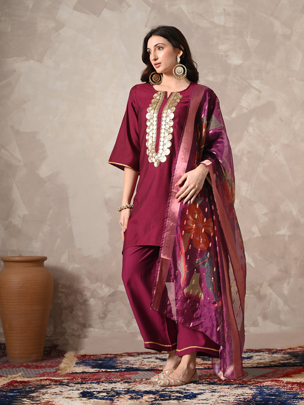 Myshka Women Magenta Floral Yoke Design Sequinned A-Line Kurta Set with Dupatta