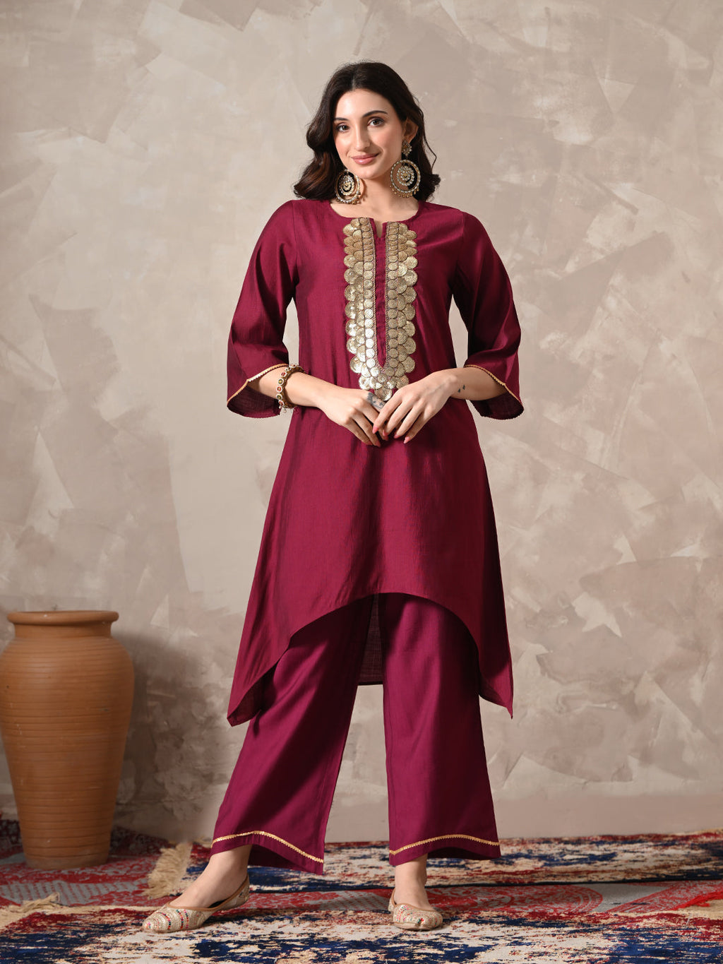 Myshka Women Magenta Floral Yoke Design Sequinned A-Line Kurta Set with Dupatta