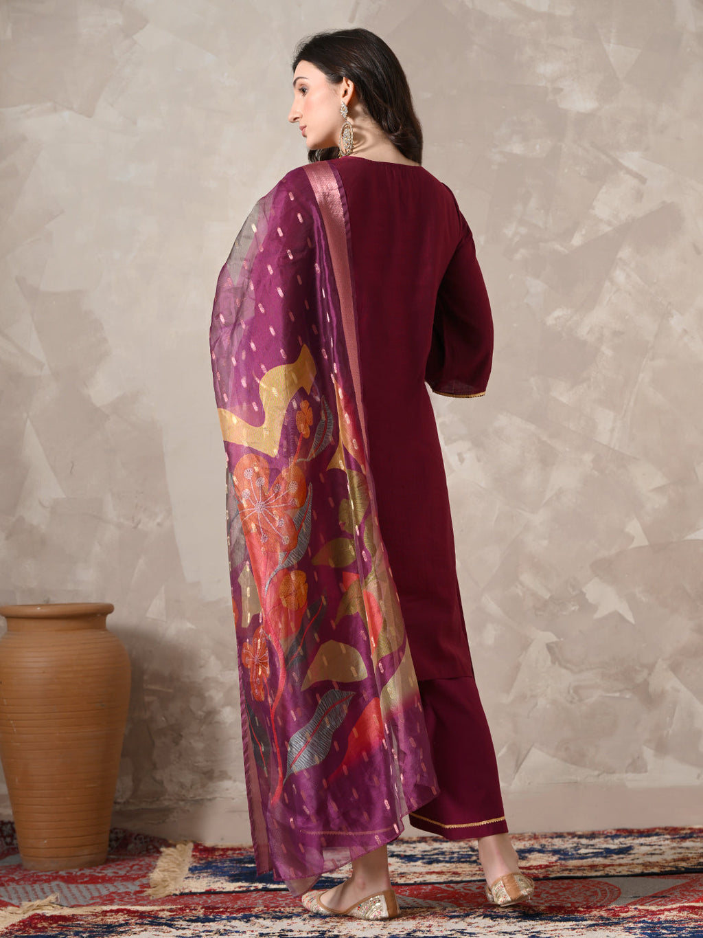 Myshka Women Magenta Floral Yoke Design Sequinned A-Line Kurta Set with Dupatta
