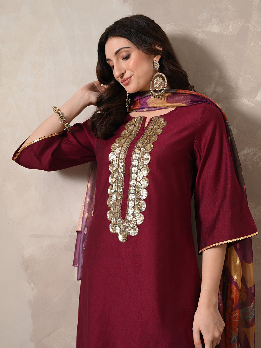 Myshka Women Magenta Floral Yoke Design Sequinned A-Line Kurta Set with Dupatta
