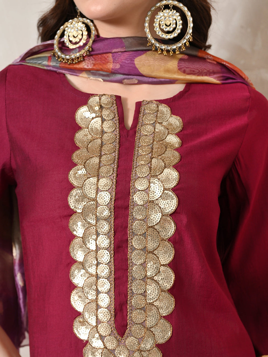 Myshka Women Magenta Floral Yoke Design Sequinned A-Line Kurta Set with Dupatta