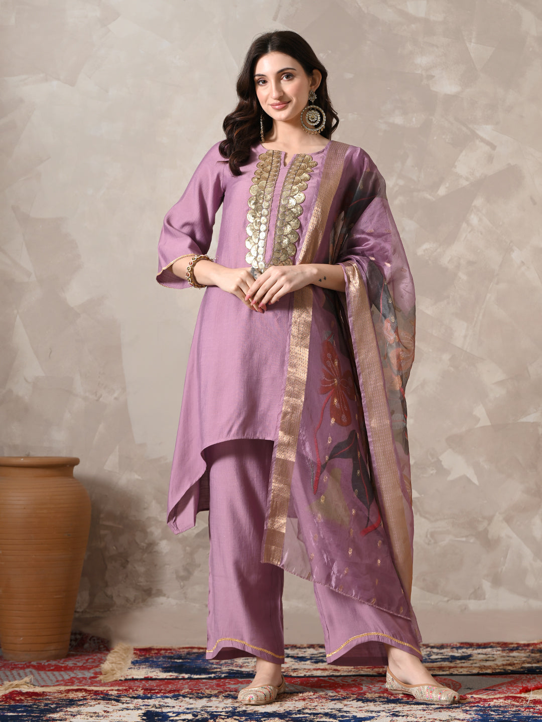 Myshka Women Lavender Floral Yoke Design Sequinned A-Line Kurta Set with Dupatta
