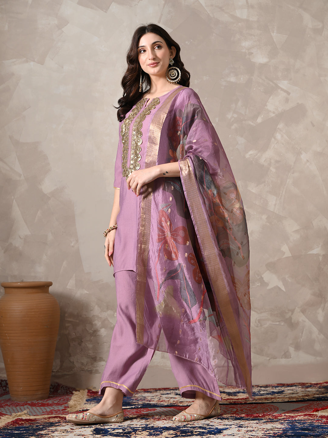 Myshka Women Lavender Floral Yoke Design Sequinned A-Line Kurta Set with Dupatta