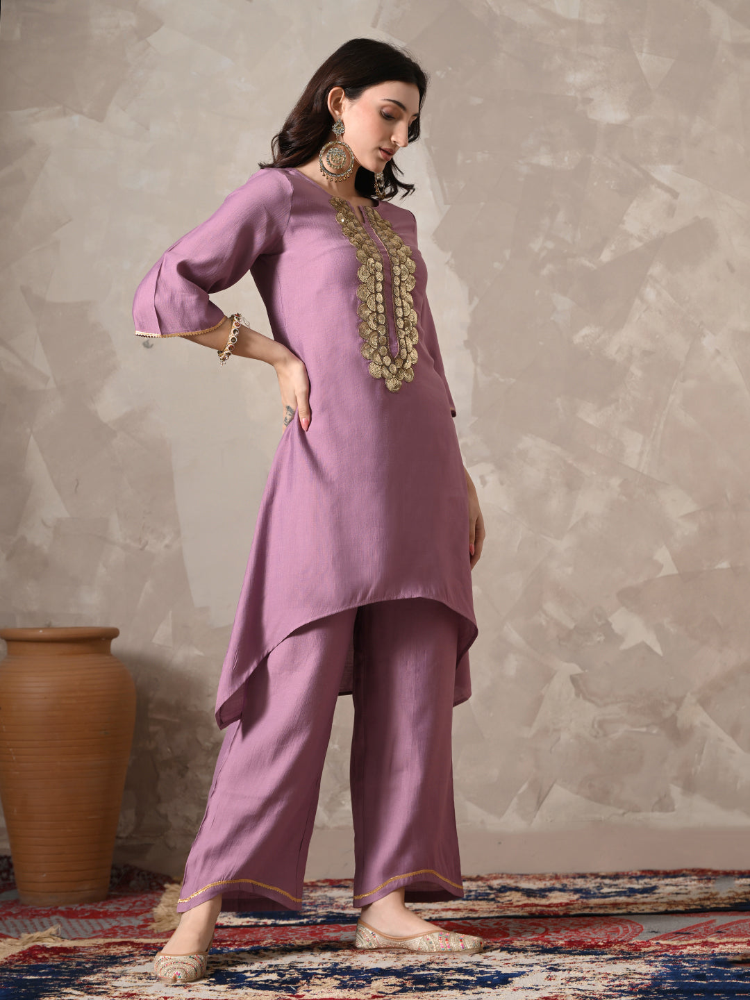 Myshka Women Lavender Floral Yoke Design Sequinned A-Line Kurta Set with Dupatta