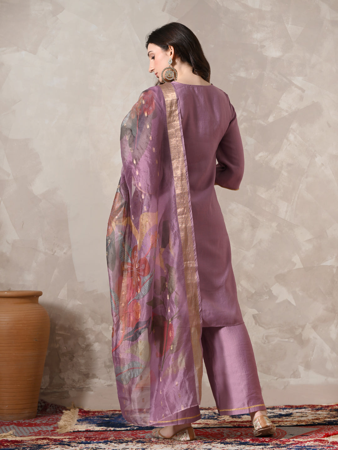 Myshka Women Lavender Floral Yoke Design Sequinned A-Line Kurta Set with Dupatta