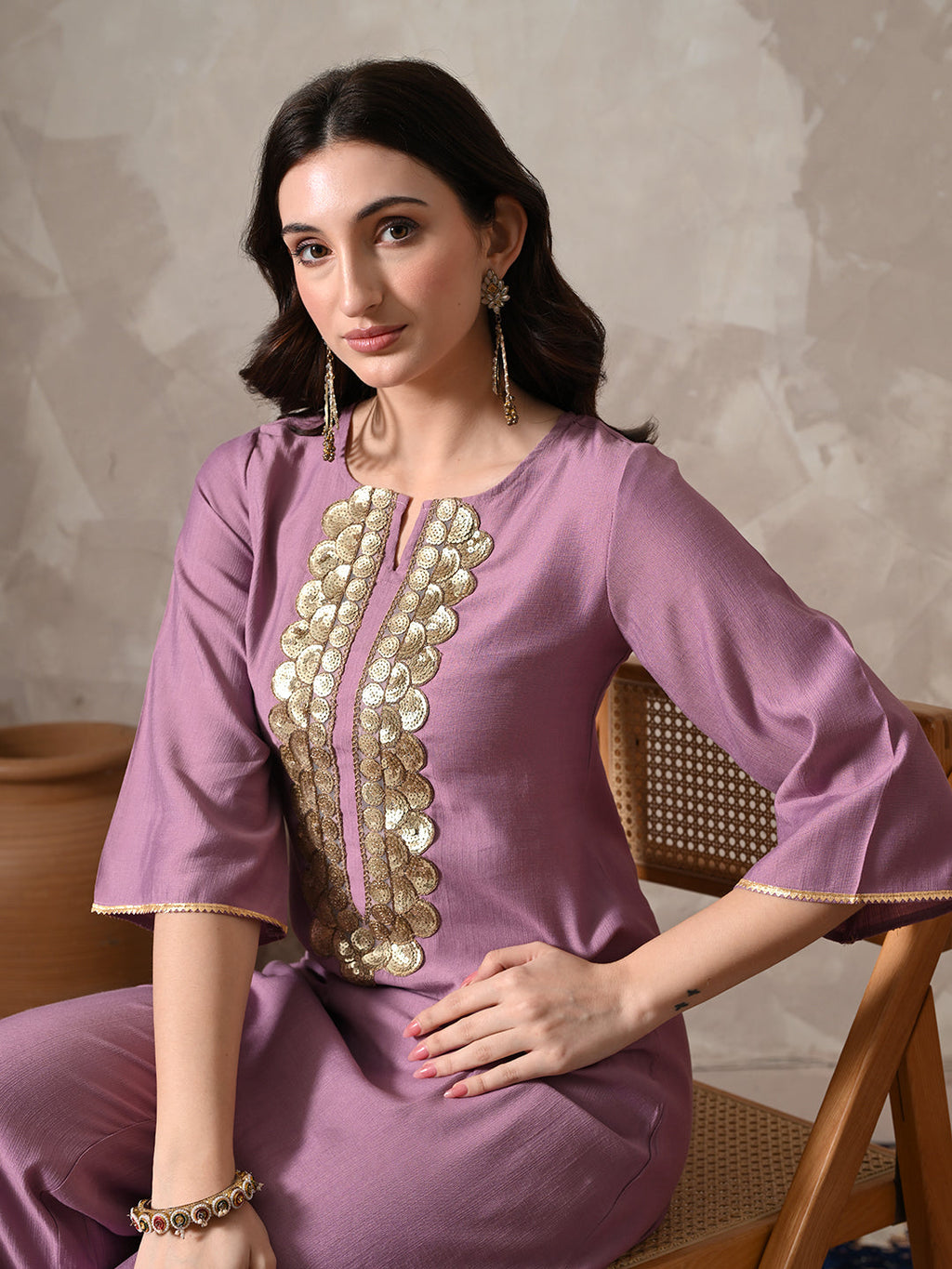Myshka Women Lavender Floral Yoke Design Sequinned A-Line Kurta Set with Dupatta