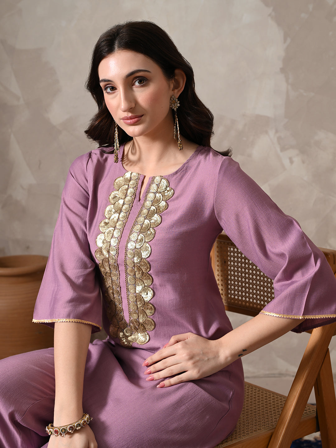 Myshka Women Lavender Floral Yoke Design Sequinned A-Line Kurta Set with Dupatta