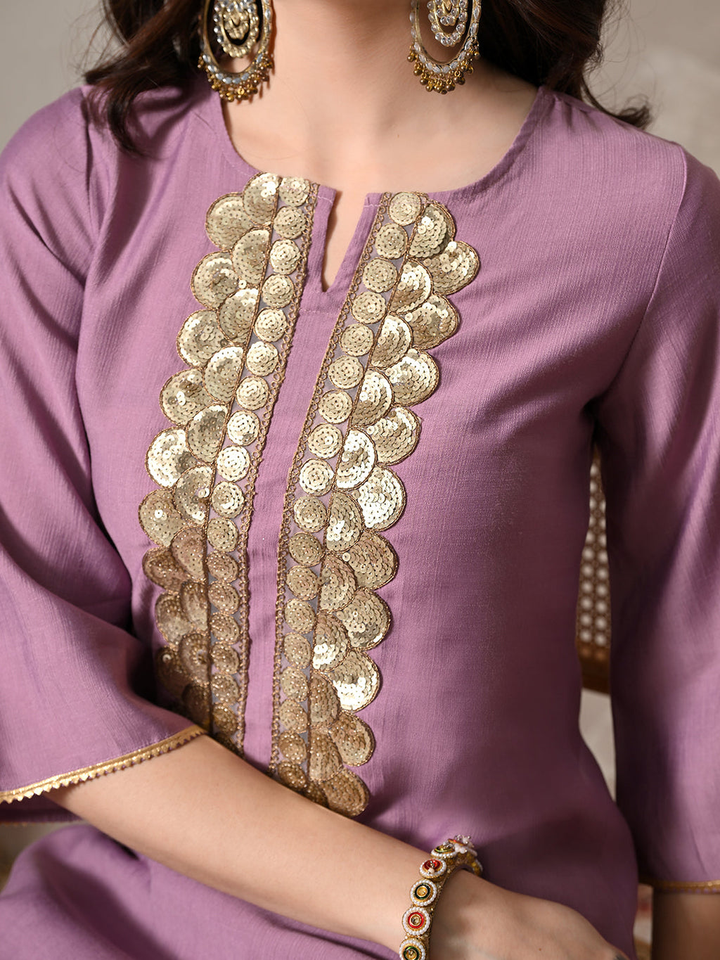 Myshka Women Lavender Floral Yoke Design Sequinned A-Line Kurta Set with Dupatta