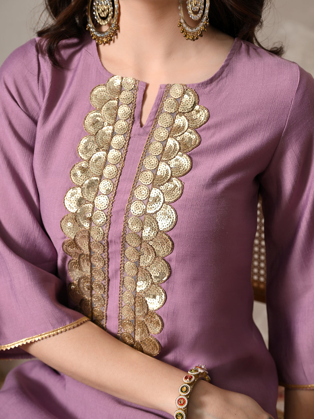 Myshka Women Lavender Floral Yoke Design Sequinned A-Line Kurta Set with Dupatta