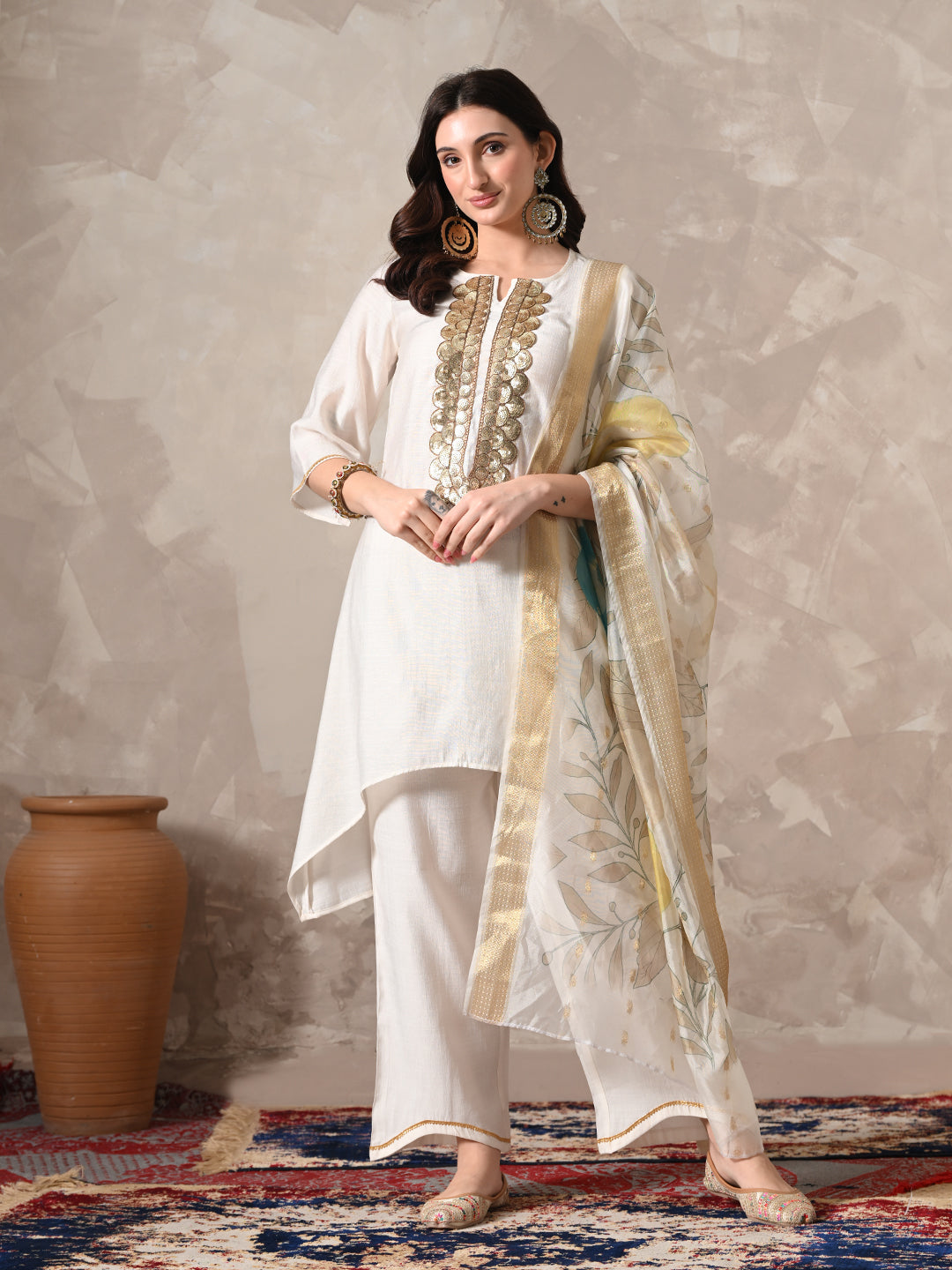Myshka Women White Floral Yoke Design Sequinned A-Line Kurta Set with Dupatta