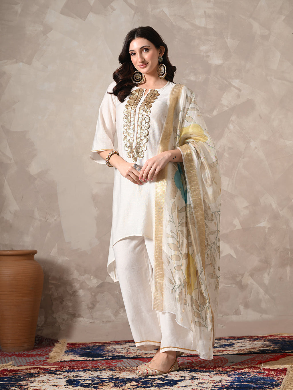 Myshka Women White Floral Yoke Design Sequinned A-Line Kurta Set with Dupatta