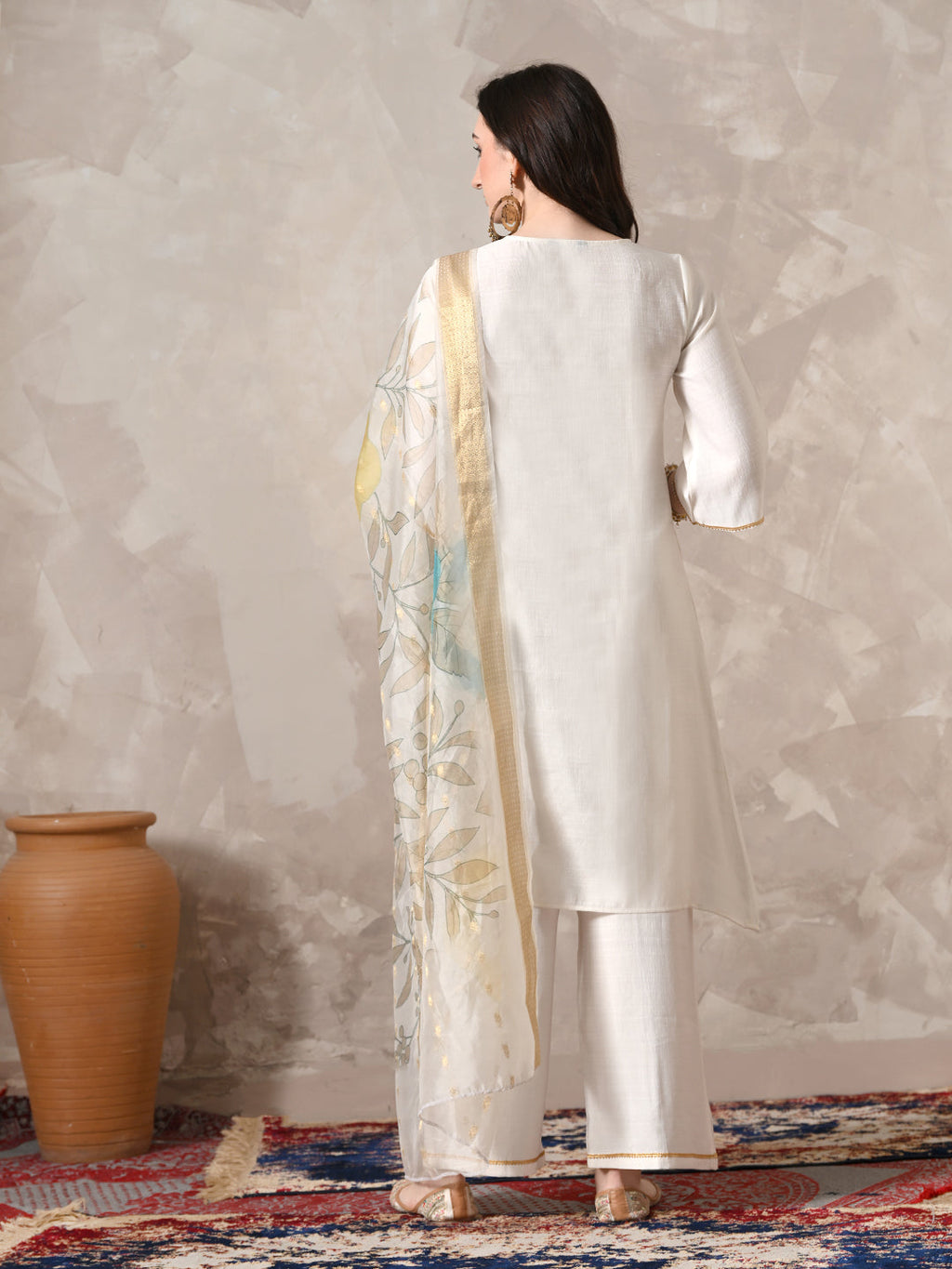 Myshka Women White Floral Yoke Design Sequinned A-Line Kurta Set with Dupatta