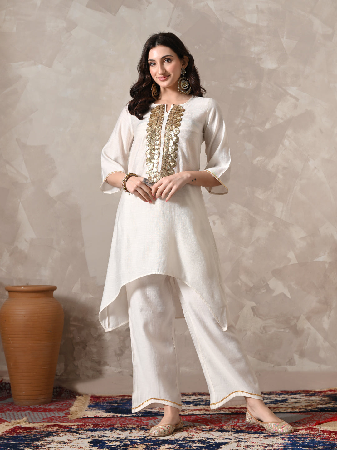 Myshka Women White Floral Yoke Design Sequinned A-Line Kurta Set with Dupatta