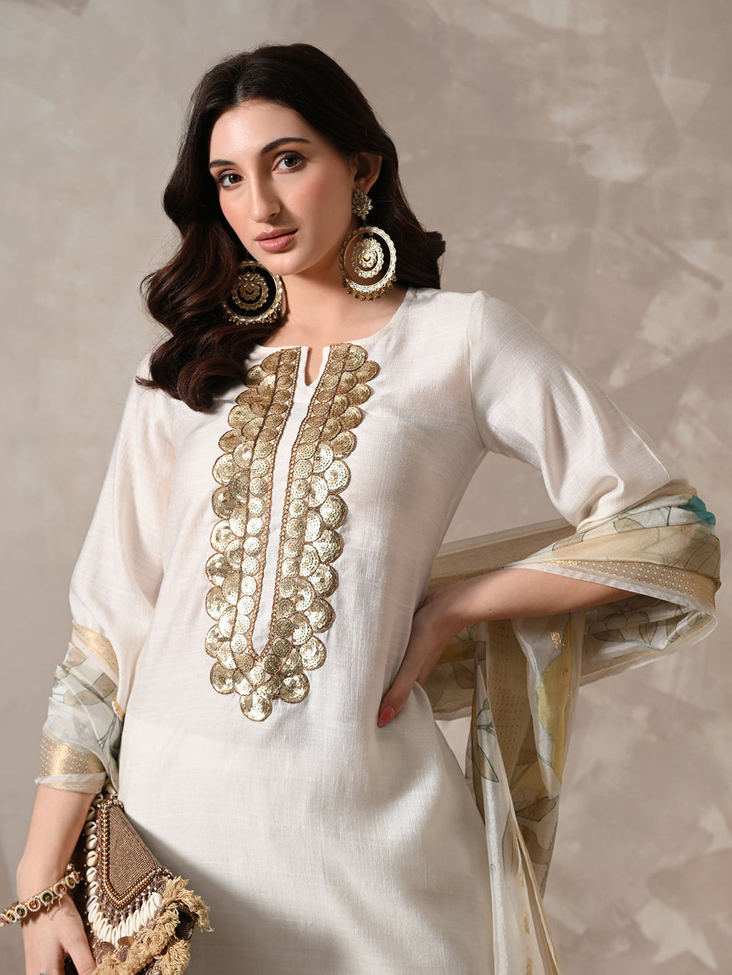 Myshka Women White Floral Yoke Design Sequinned A-Line Kurta Set with Dupatta