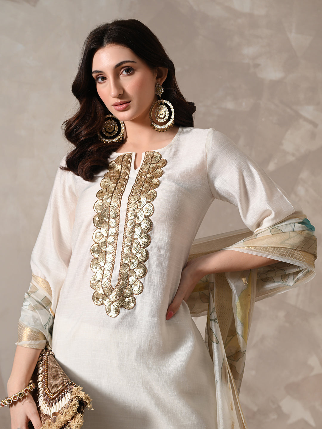 Myshka Women White Floral Yoke Design Sequinned A-Line Kurta Set with Dupatta