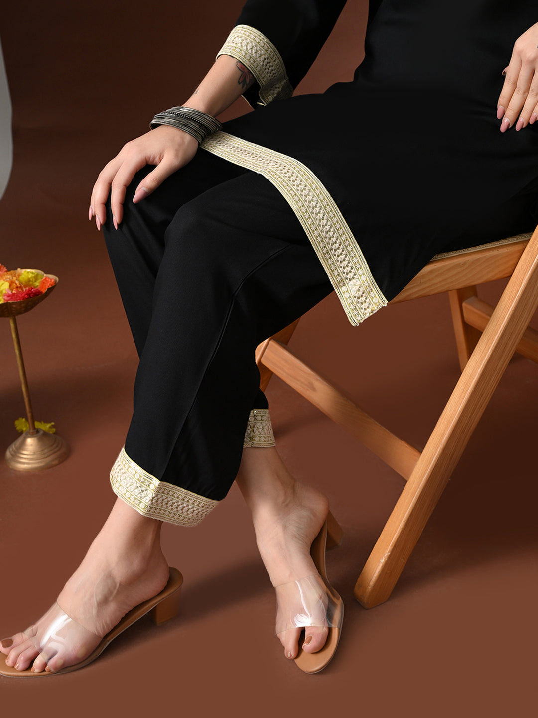 Myshka Women Black Rayon Three-Forth Sleeve Kurta with Trouser