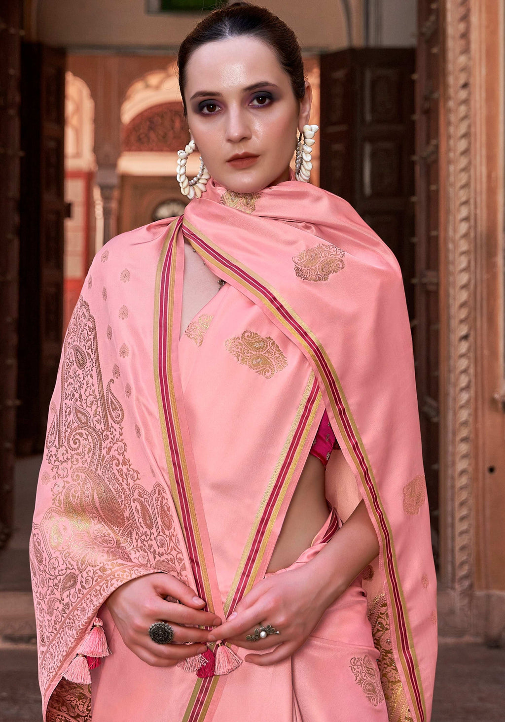 Anaita Peach Pure Satin Silk With Zari Weaving Saree With Blouse