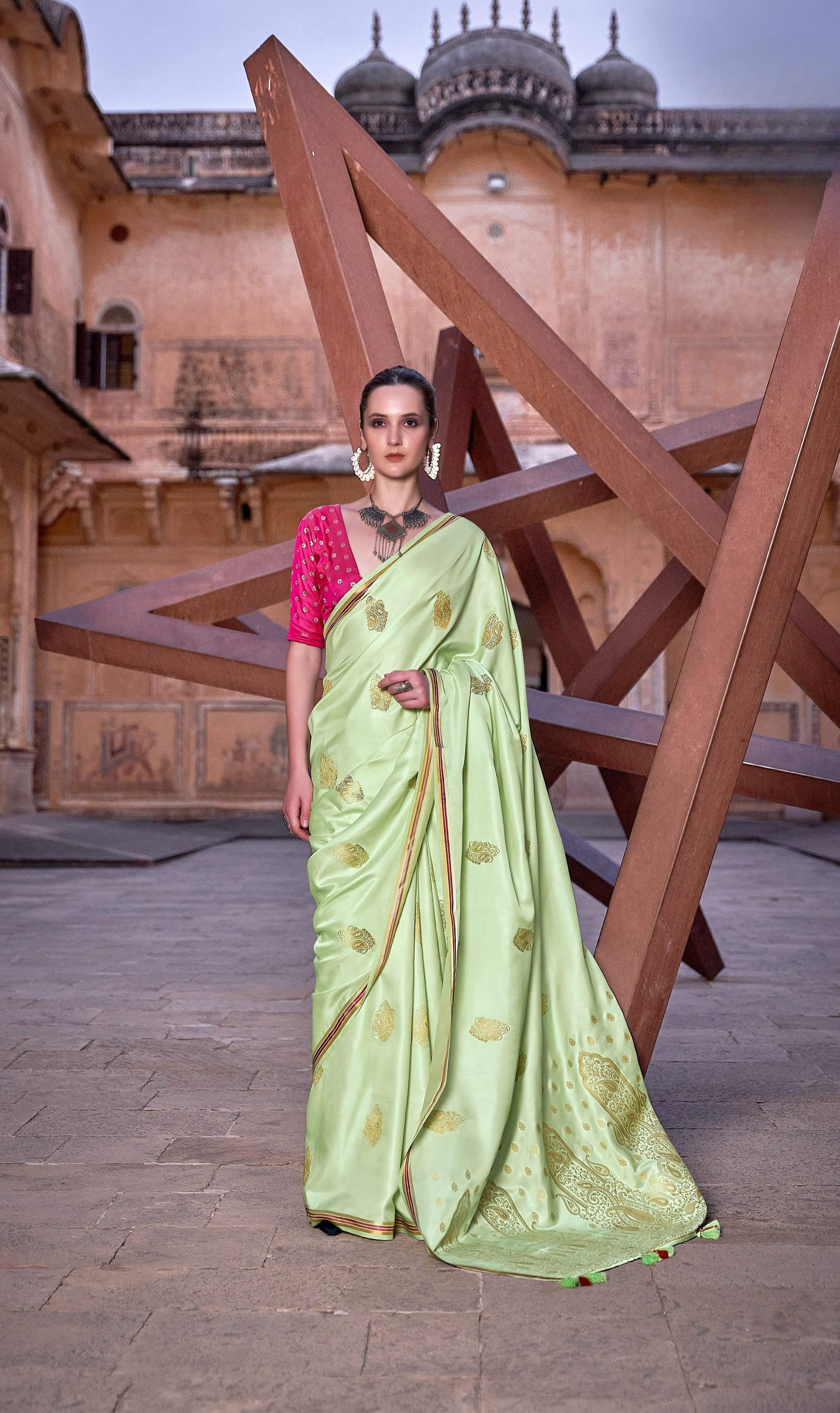 Anaita Green Pure Satin Silk With Zari Weaving Saree With Blouse
