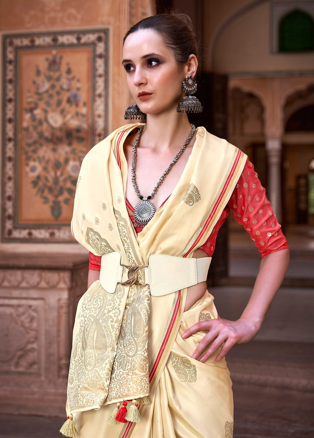 Anaita Cream Pure Satin Silk With Zari Weaving Saree With Blouse