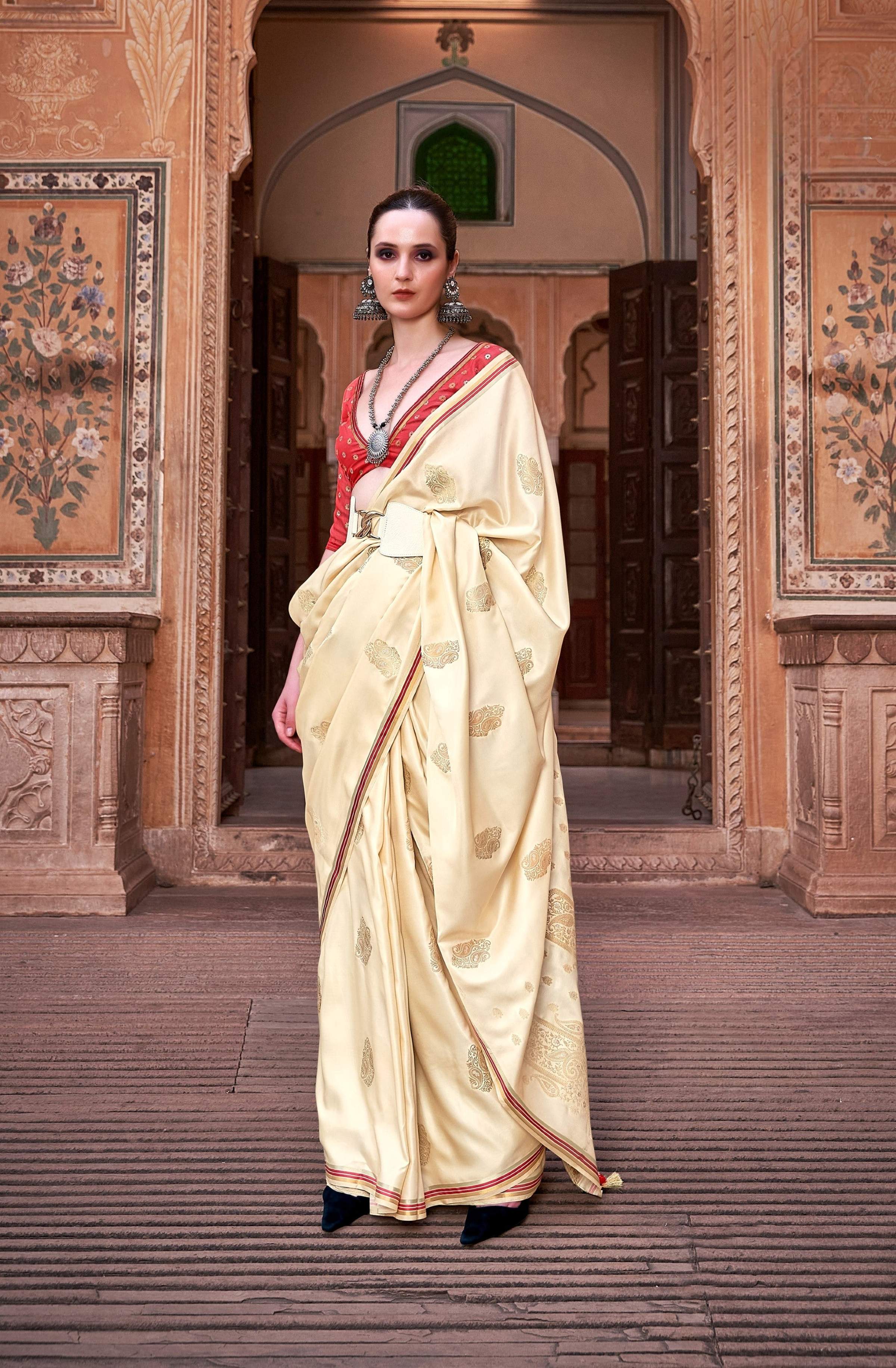 Anaita Cream Pure Satin Silk With Zari Weaving Saree With Blouse