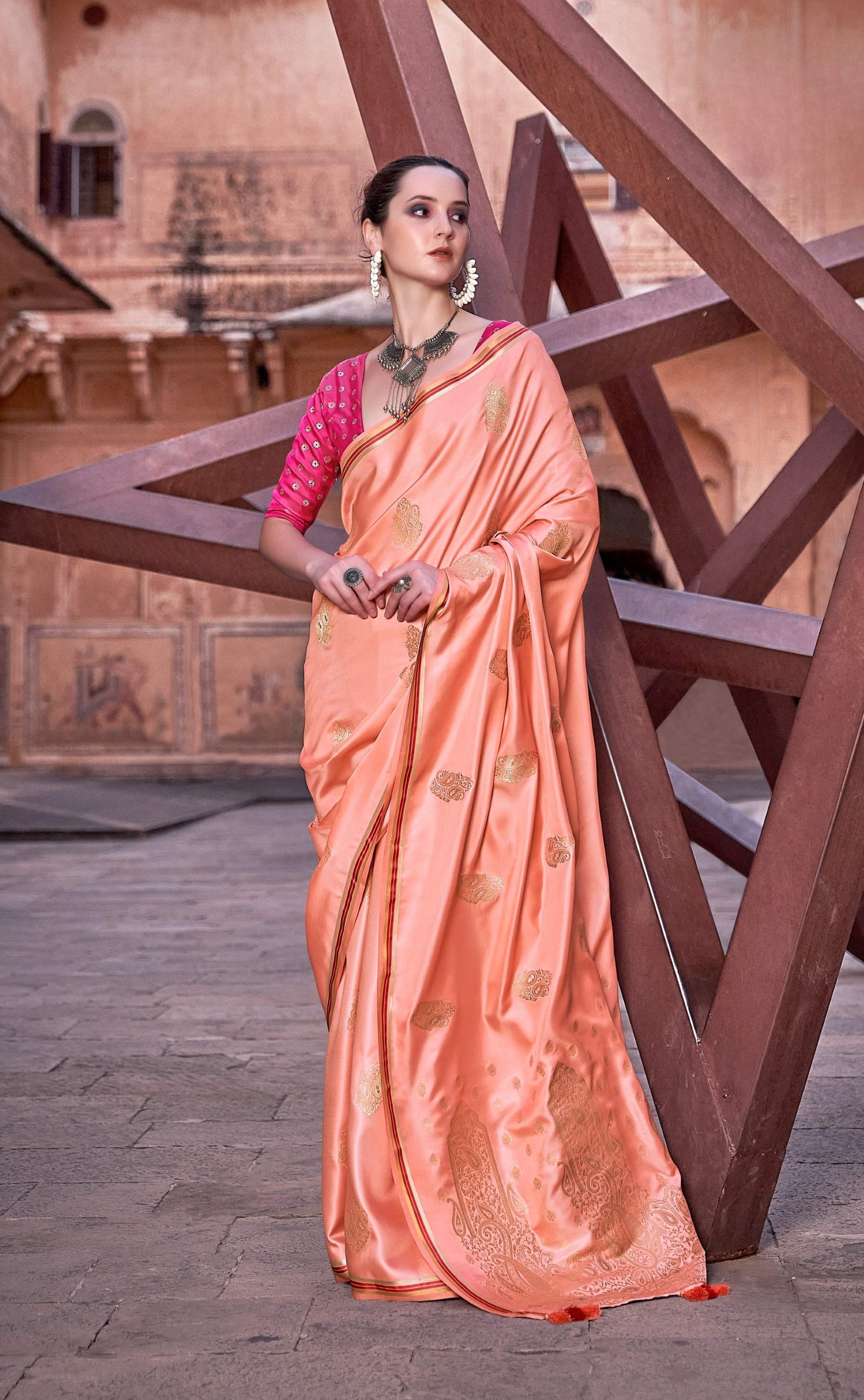 Anaita Orange Pure Satin Silk With Zari Weaving Saree With Blouse