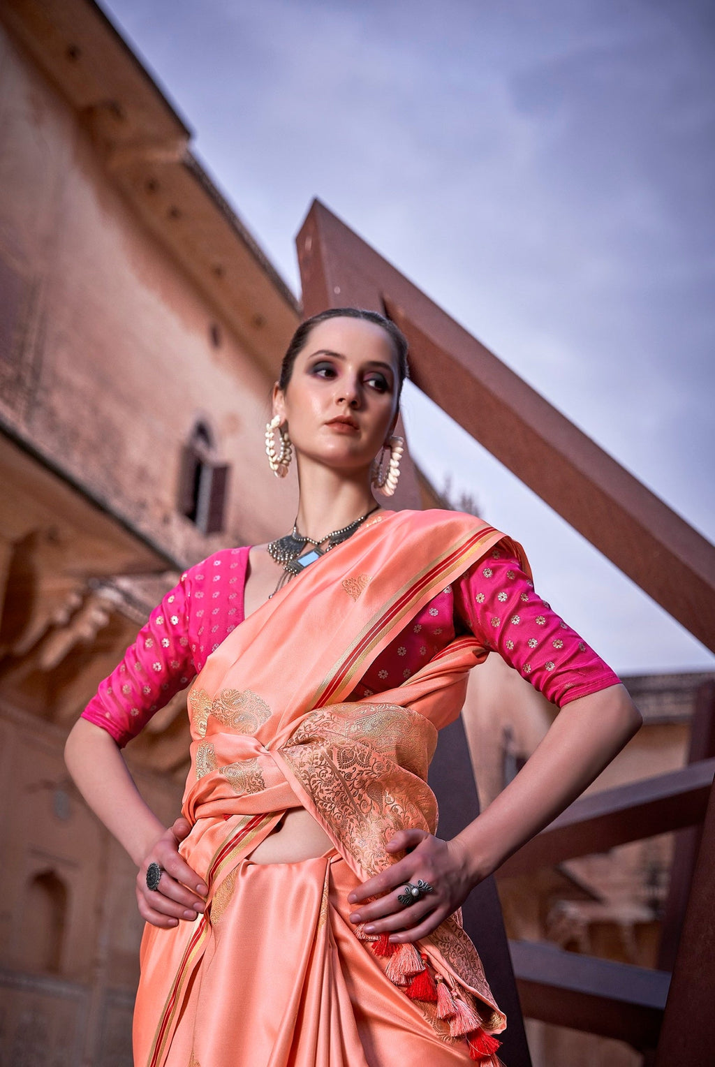 Anaita Orange Pure Satin Silk With Zari Weaving Saree With Blouse