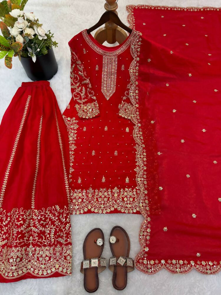 Teeya Creation Red Color Fendy Silk Embroidery Work Wedding Wear Salwar Suit