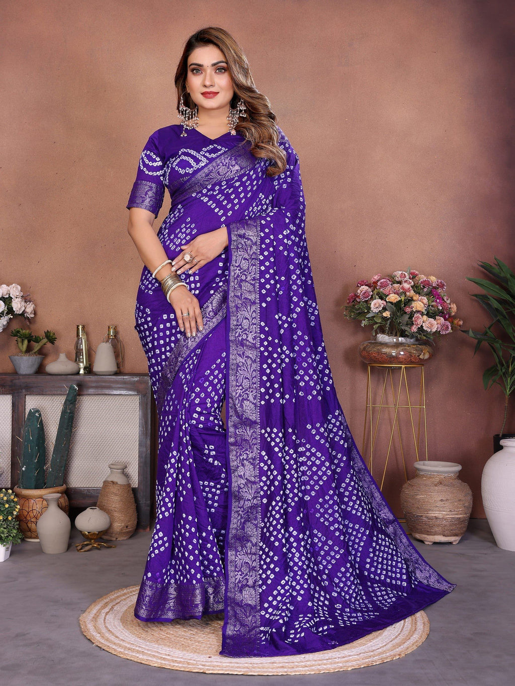 Anaita Blue Handmade Bandhej Viscose Silk Saree With Blouse