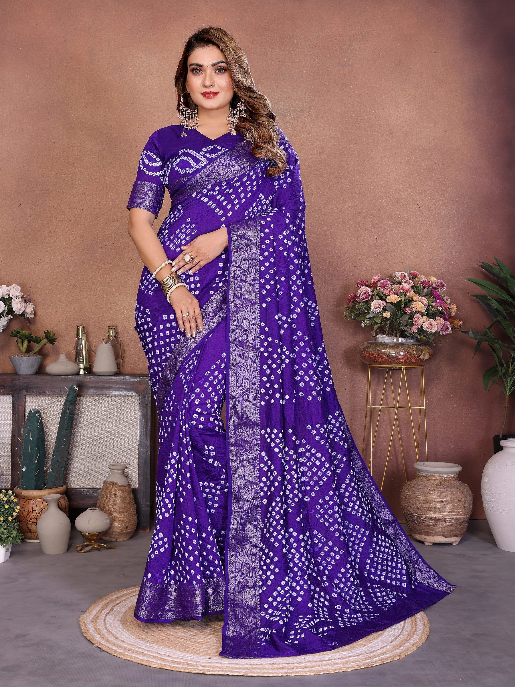 Anaita Blue Handmade Bandhej Viscose Silk Saree With Blouse