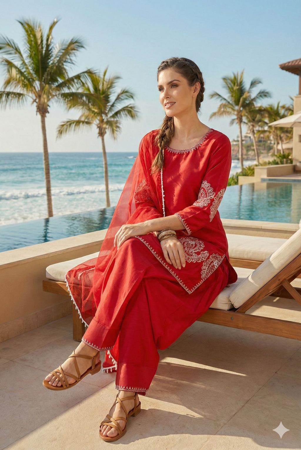 Anaita Red Crepe Stitched Suit With Sequence Embroidery Work