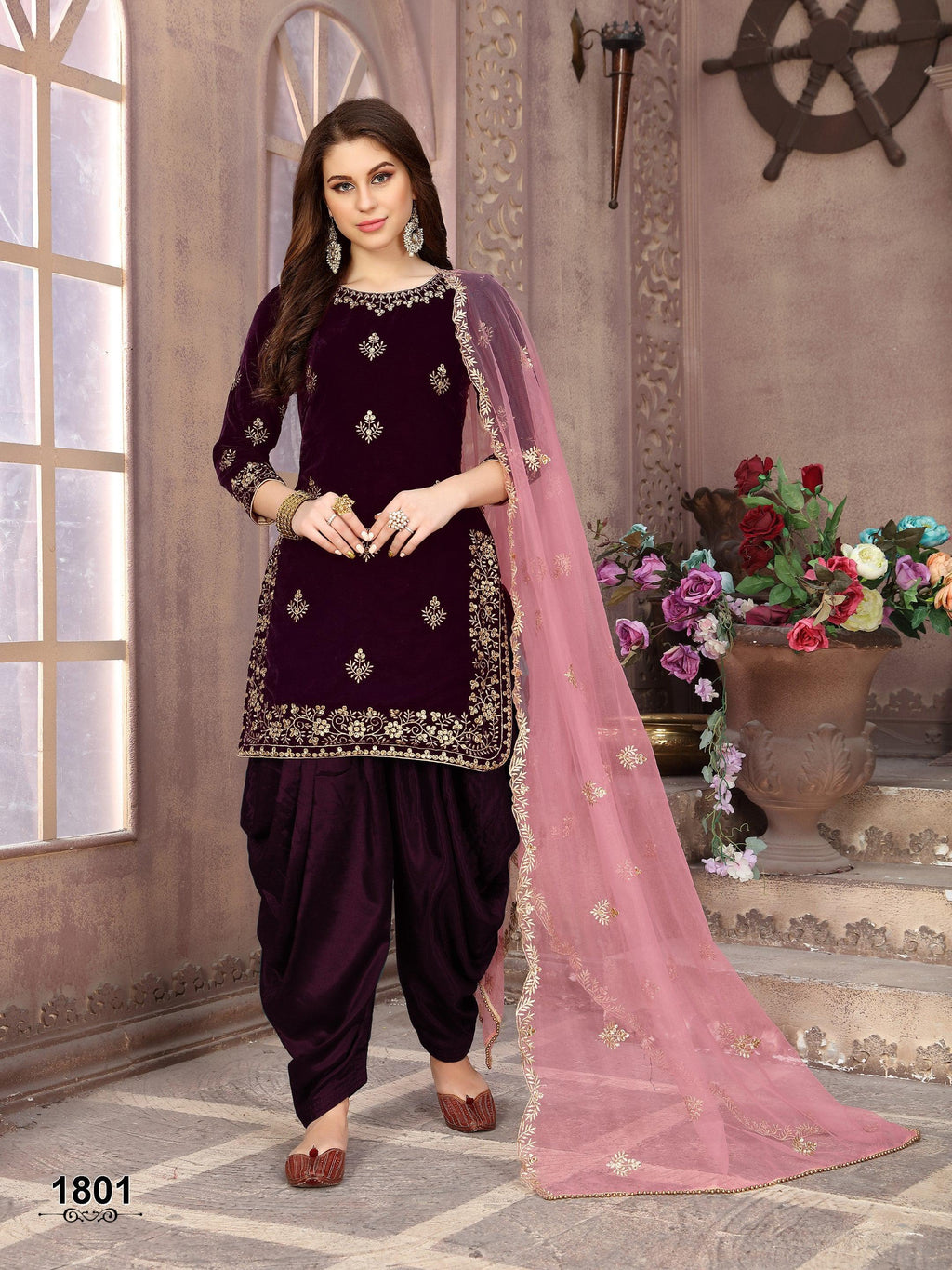 Anaita Purple Embroidered Velvet Patiala Suit