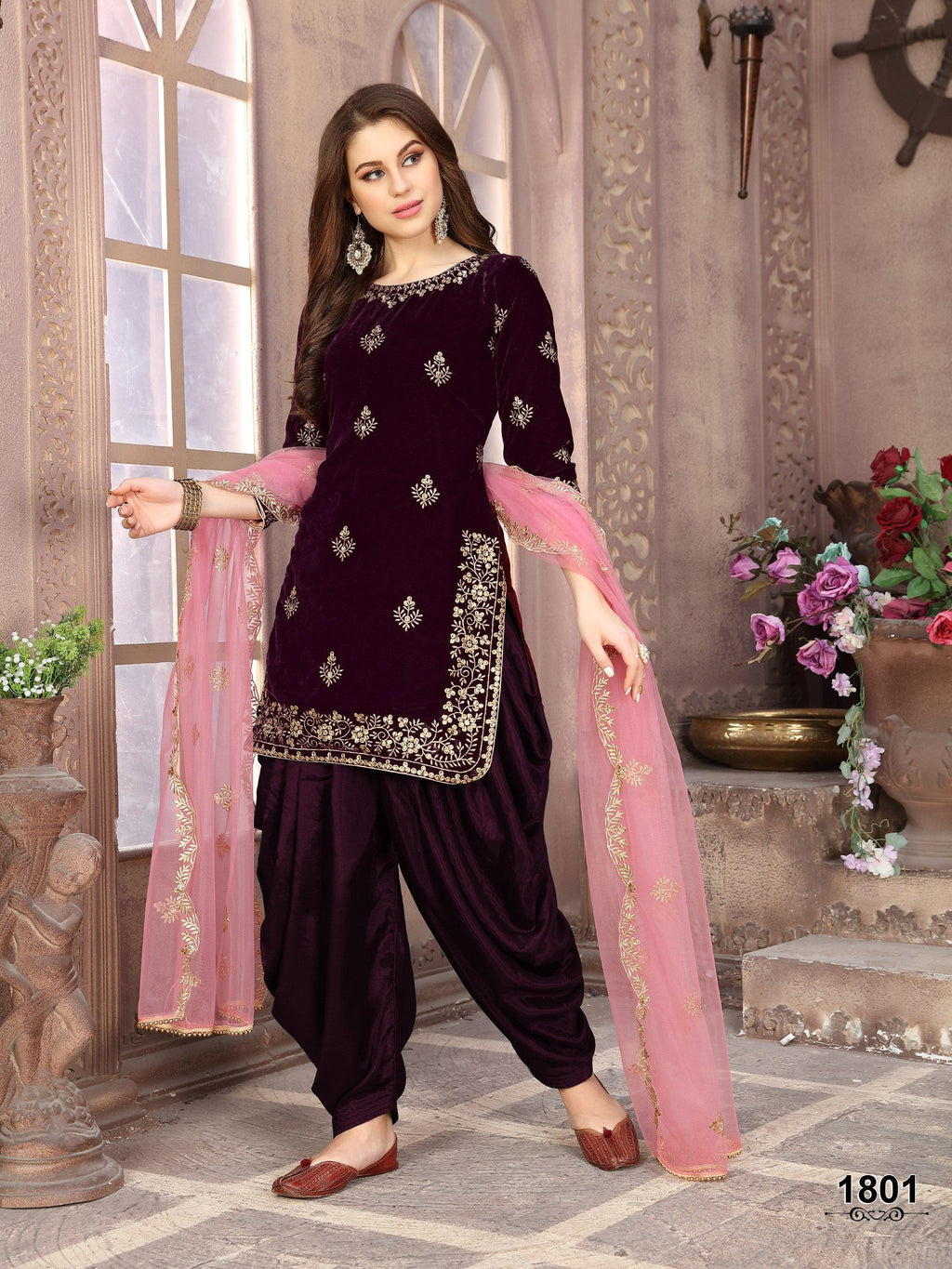 Anaita Purple Embroidered Velvet Patiala Suit