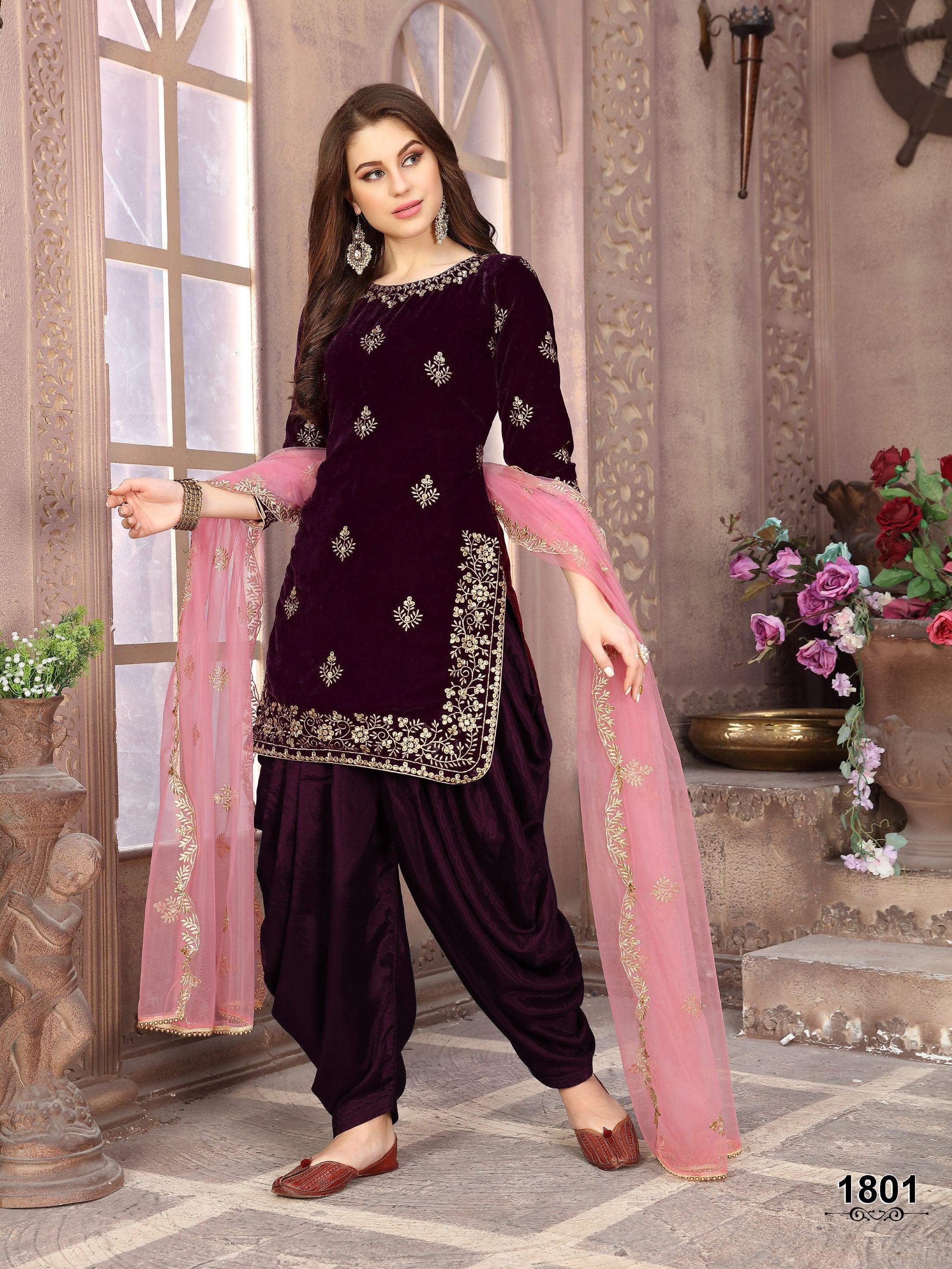 Anaita Purple Embroidered Velvet Patiala Suit