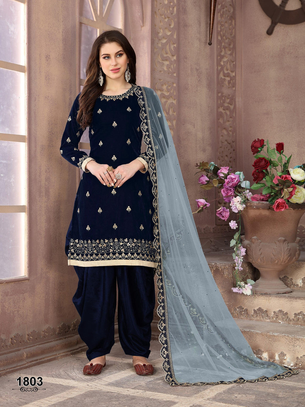 Anaita Navy Blue Embroidered Velvet Patiala Suit