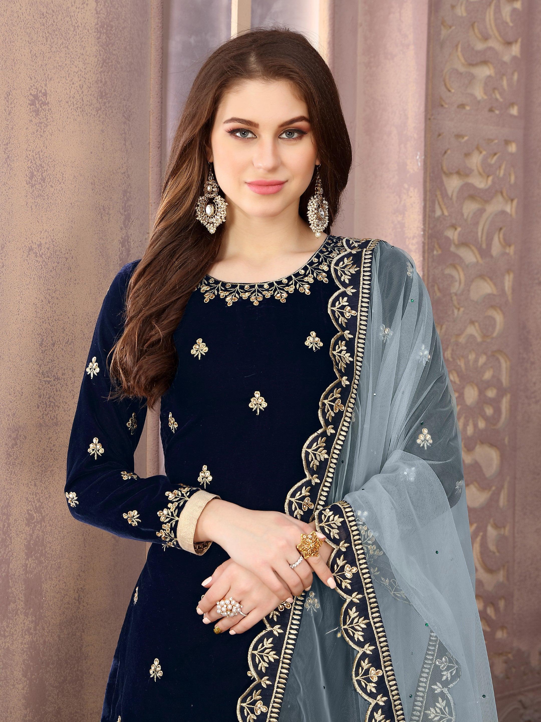 Anaita Navy Blue Embroidered Velvet Patiala Suit
