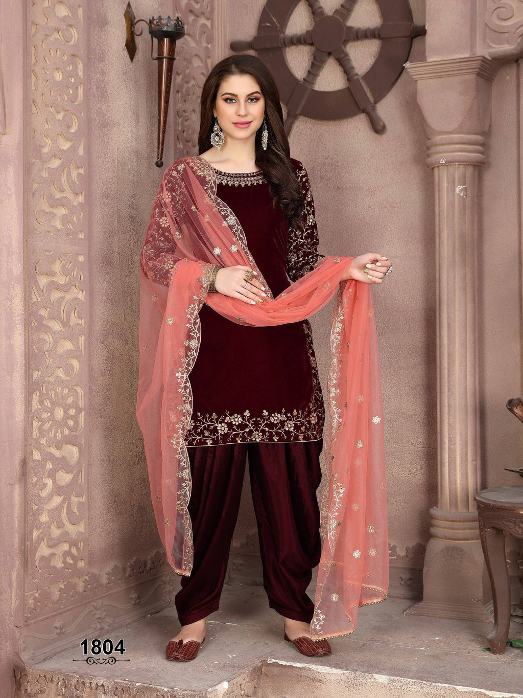 Anaita Maroon Embroidered Velvet Anarkali Suit