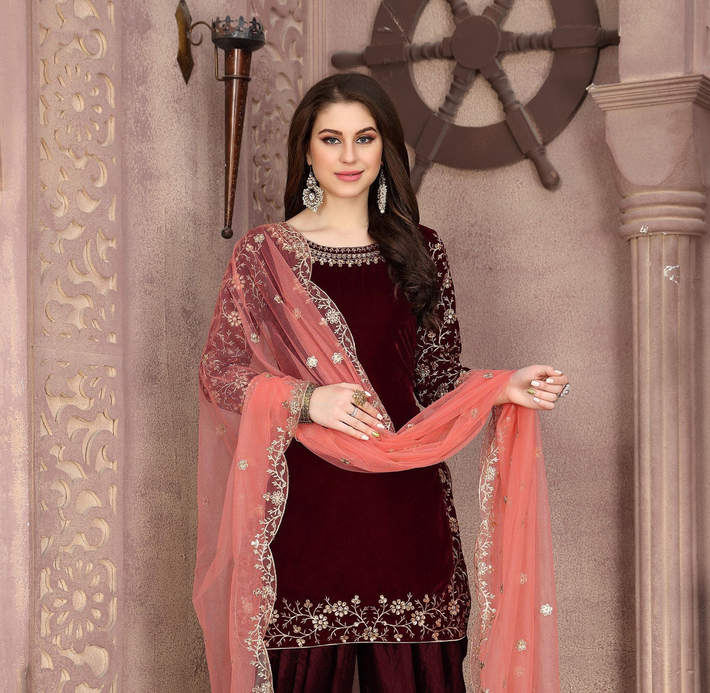 Anaita Maroon Embroidered Velvet Anarkali Suit
