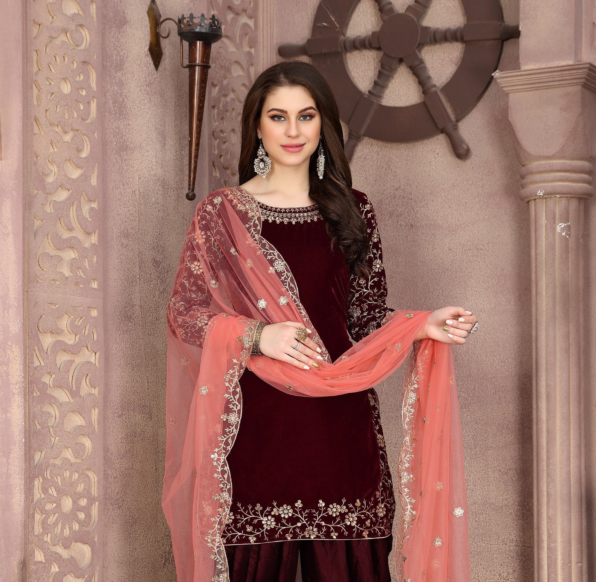 Anaita Maroon Embroidered Velvet Anarkali Suit