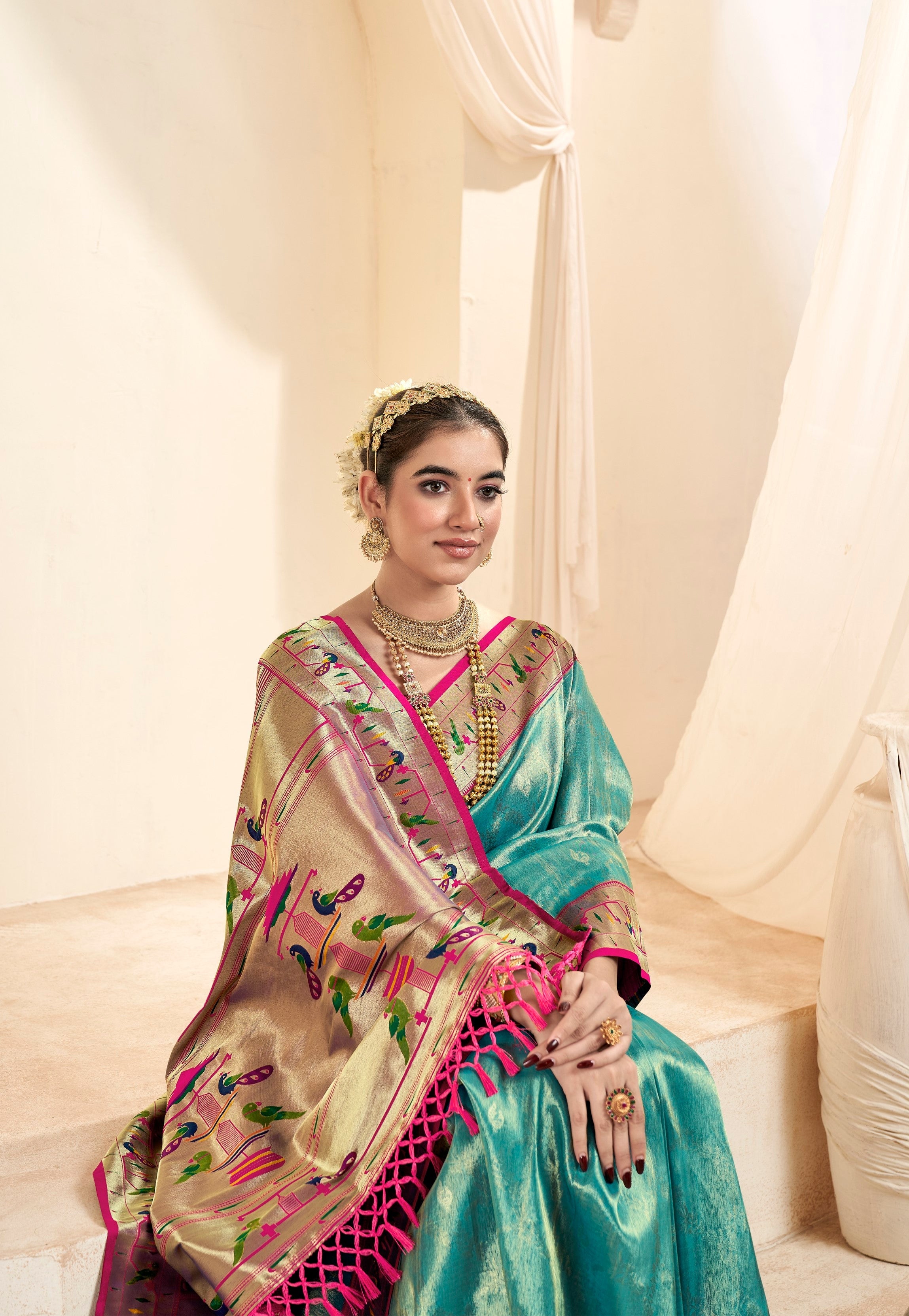 Anaita Sea Green Designer Weaving Pure Paithani Tissue Silk Saree With Blouse