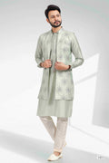 Raivat Ethnic Art Banarasi Silk Thread Work 3 Pics Jacket Set In Pista Green Colour