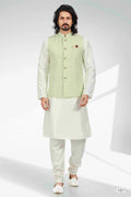 Raivat Ethnic Art Banarasi Silk Thread Work 3 Pics Jacket Set In Pista Green Colour
