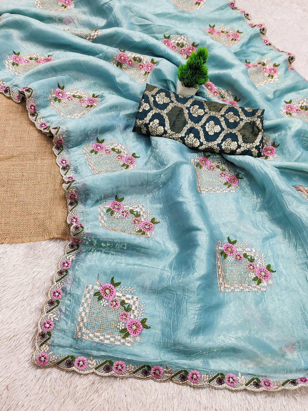 Teeya Creation Sky Color Pure Paper Silk Heavy Embroidery Work Wedding Wear Saree