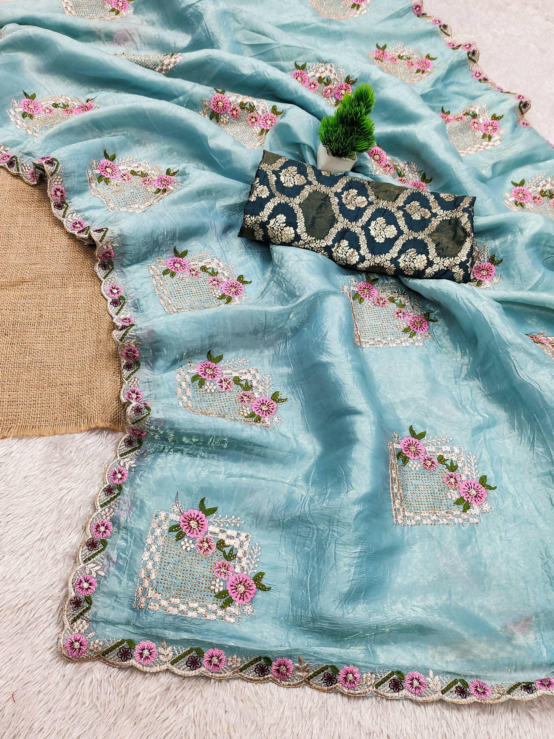 Teeya Creation Sky Color Pure Paper Silk Heavy Embroidery Work Wedding Wear Saree