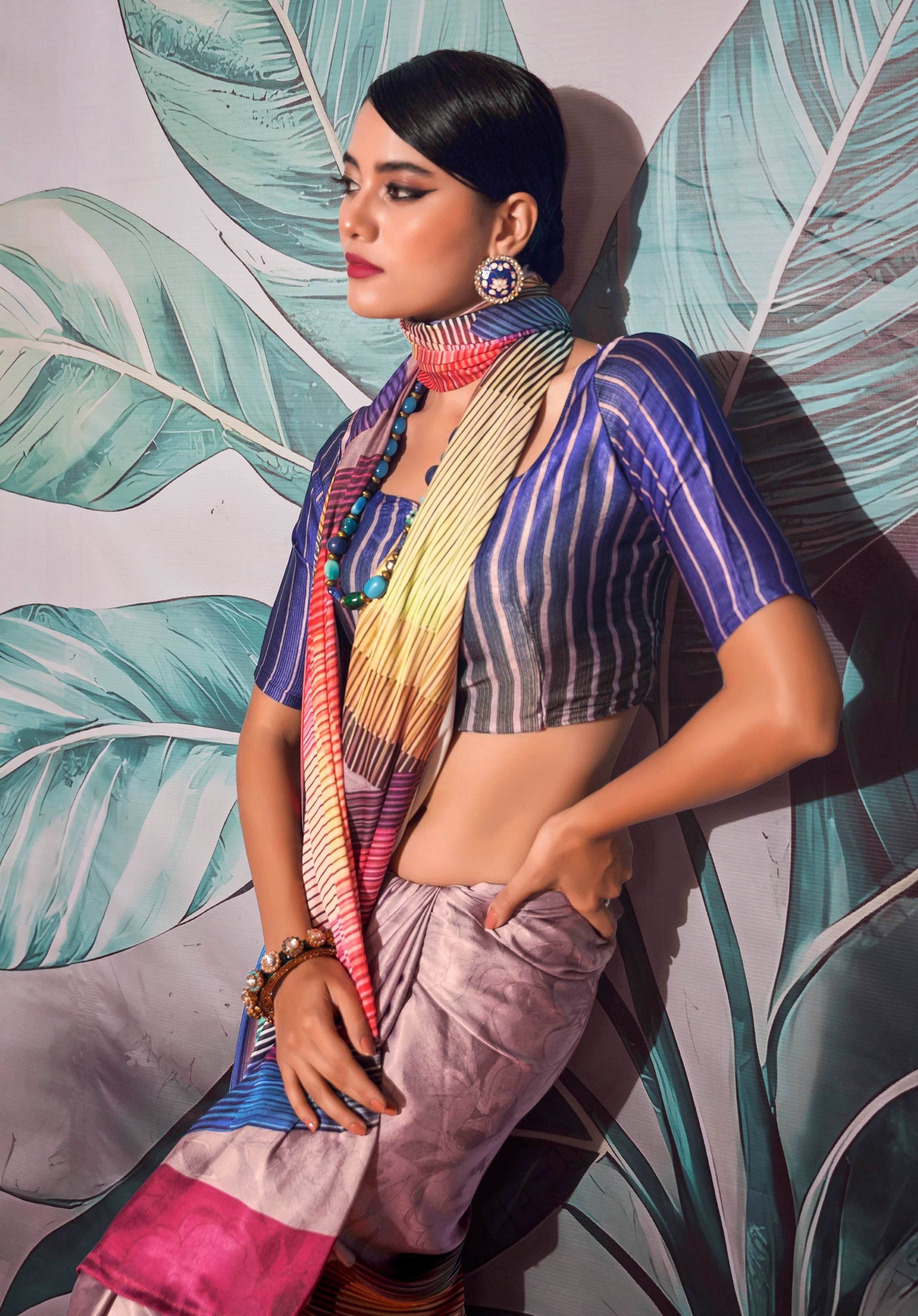 Anaita Purple Pure Satin Silk With Zari Weaving Saree With Blouse
