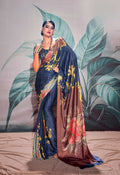 Anaita Navy Blue Pure Satin Silk With Zari Weaving Saree With Blouse